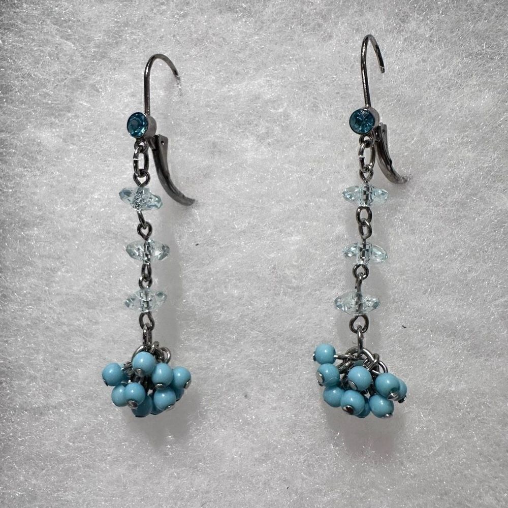 Turquoise And Rhinestone Crystals And Sterling Silver Drop Earrings